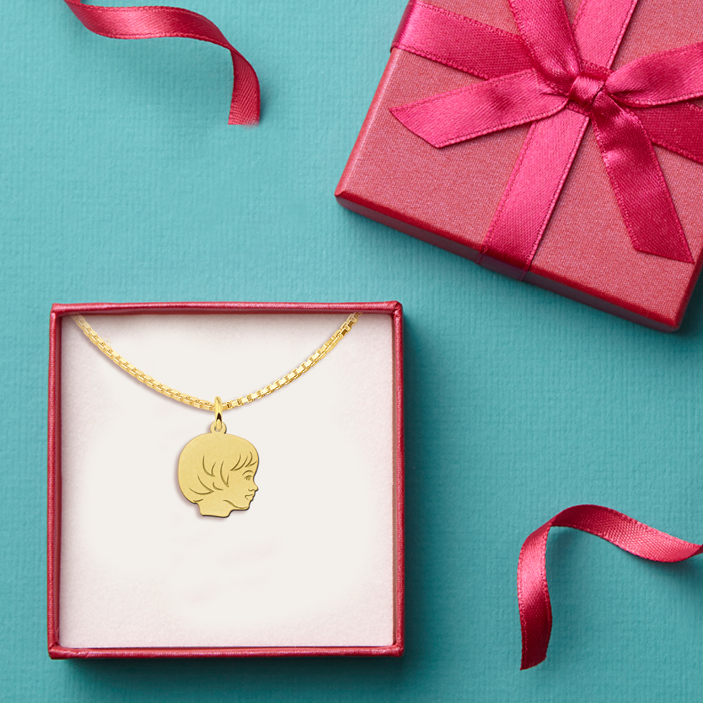 Gold child head girl pendant with back engraving - small