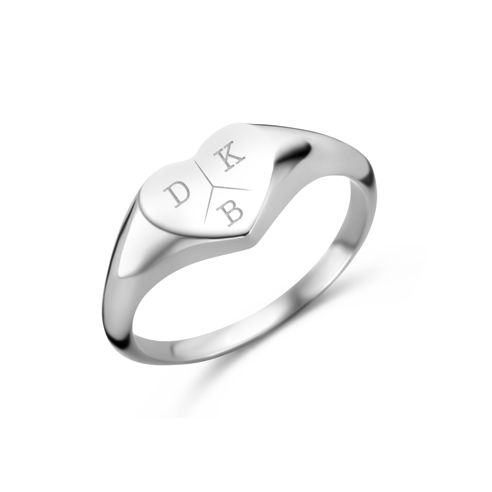 Heart-shaped silver signet ring with three initial