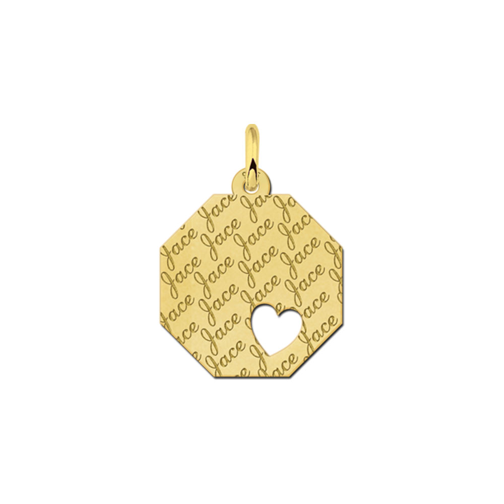 Angled gold-plated pendant with repeated name pattern and heart
