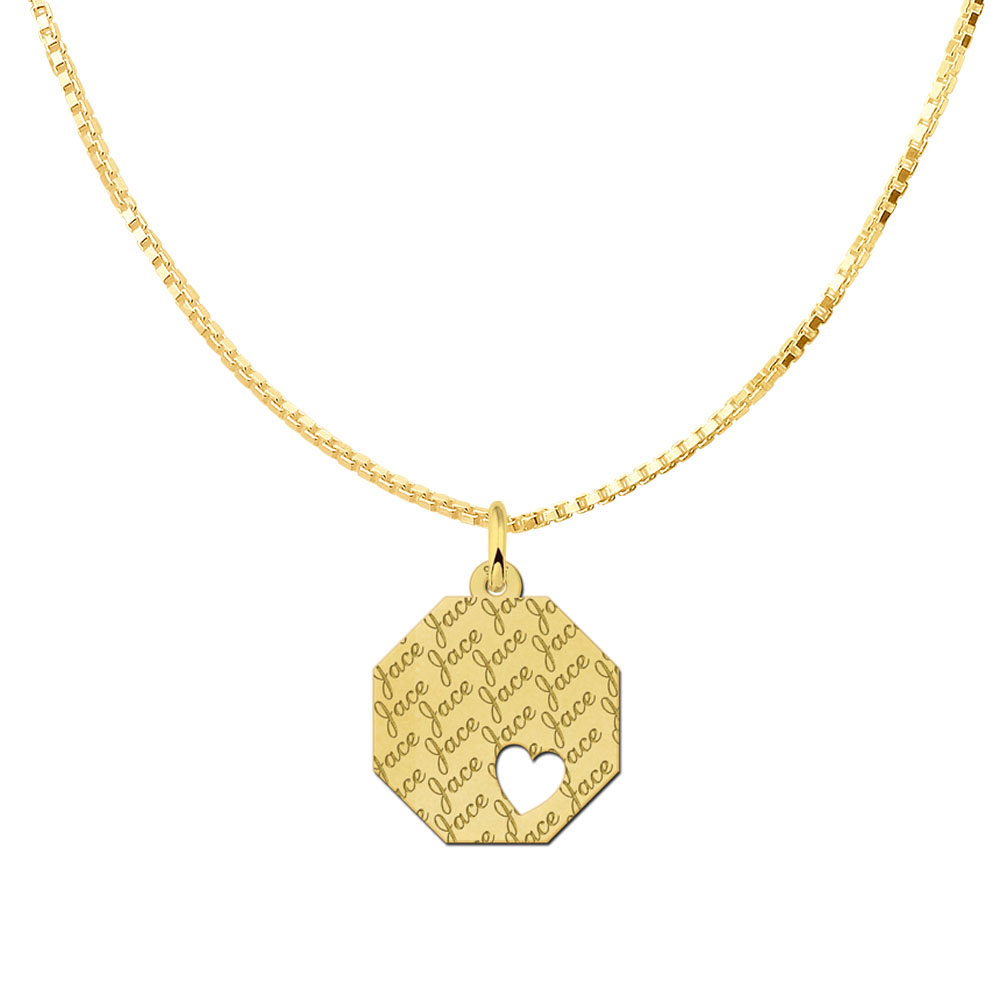 Angled gold-plated pendant with repeated name pattern and heart