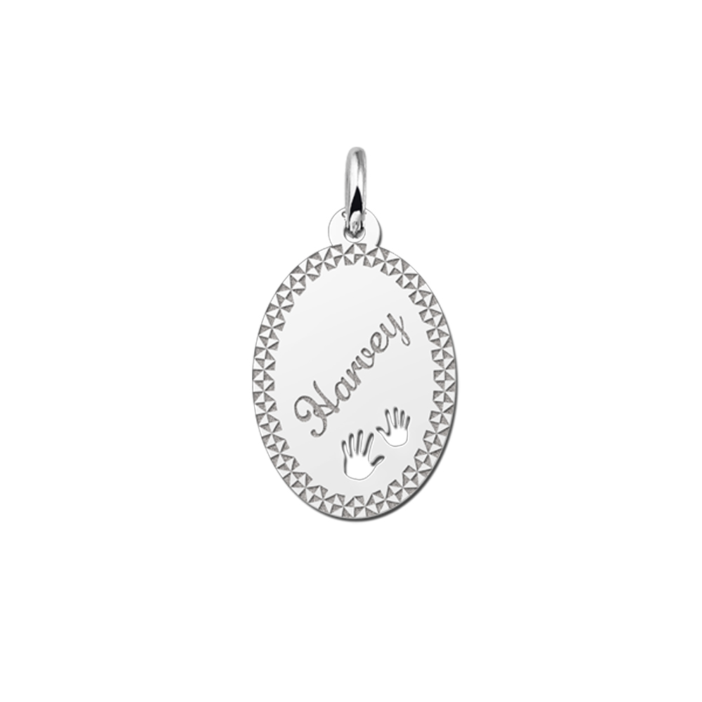 Sterling Silver Oval Pendant with Name, Border and Hands