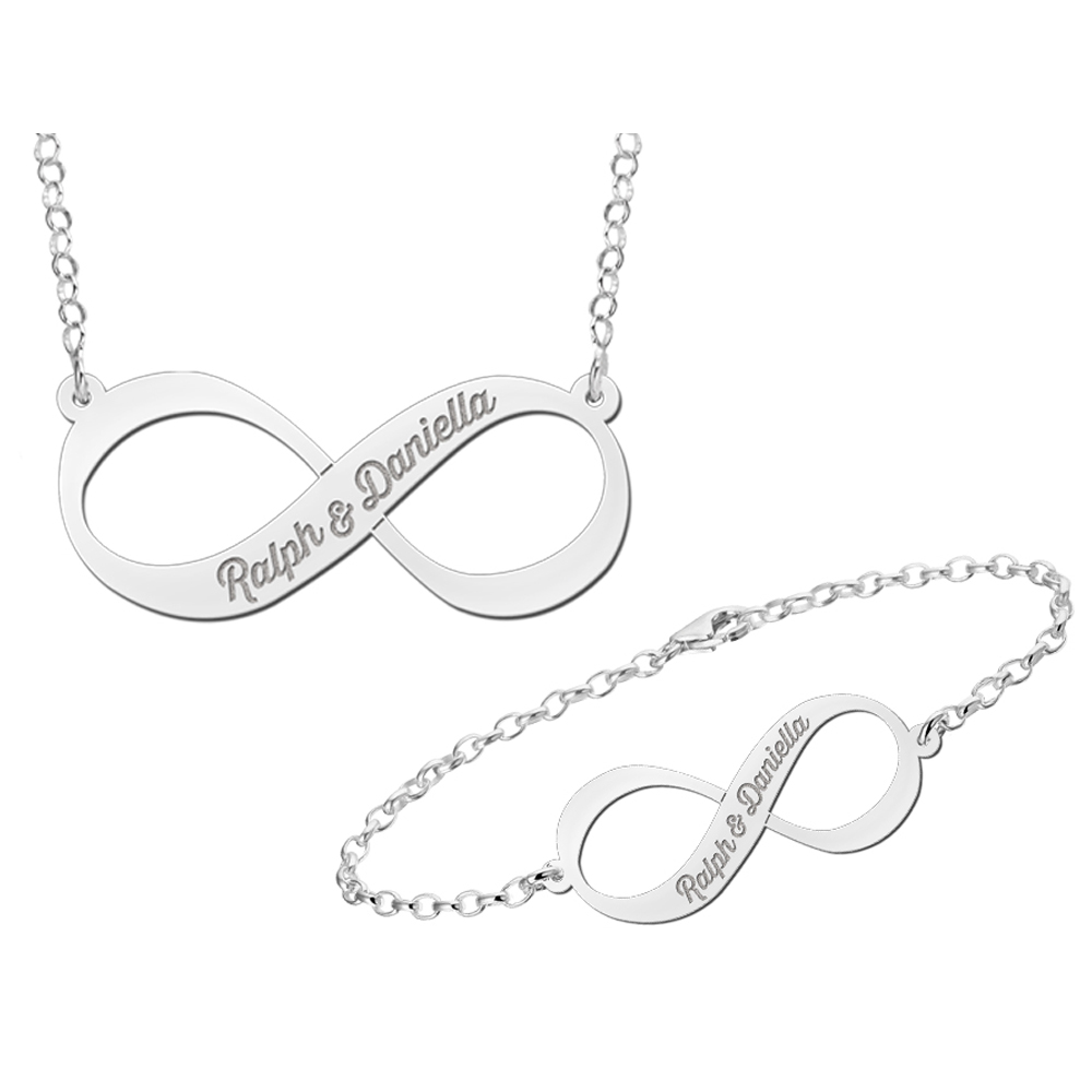 Silver Infinity necklace and bracelet set with engraving
