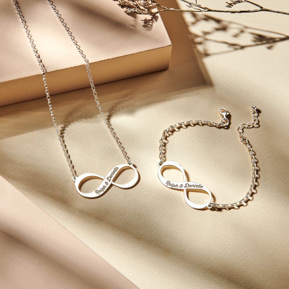 Silver Infinity necklace and bracelet set with engraving