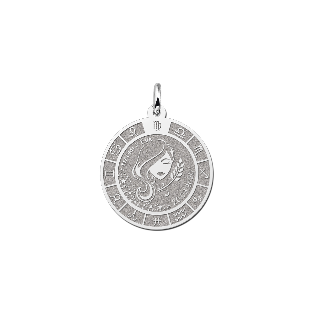 Silver Round Zodiac Pendant Virgo with Name Engraving