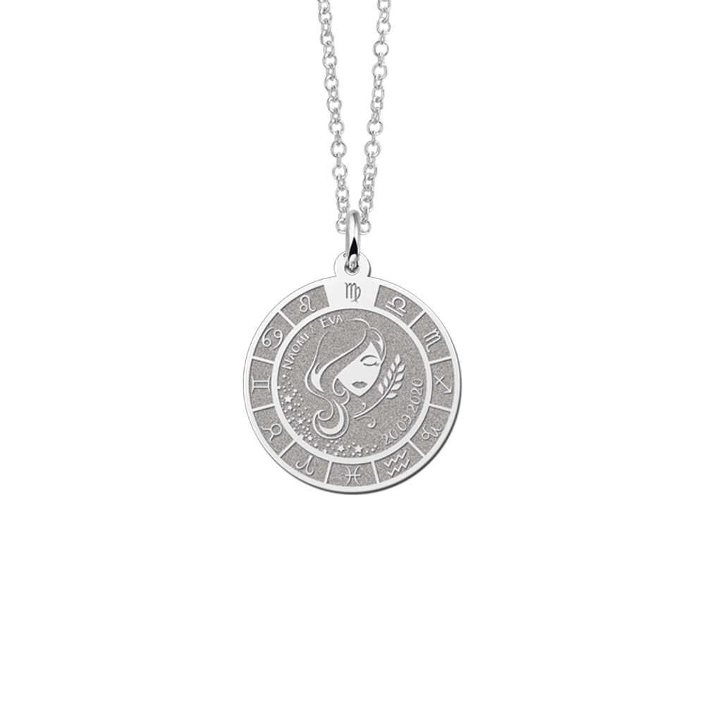 Silver Round Zodiac Pendant Virgo with Name Engraving
