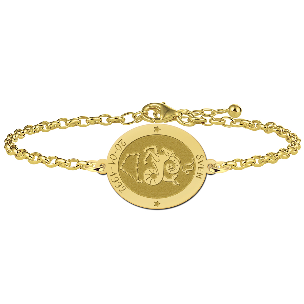 Gold Plated Oval Capricorn Zodiac Bracelet with Name and Date