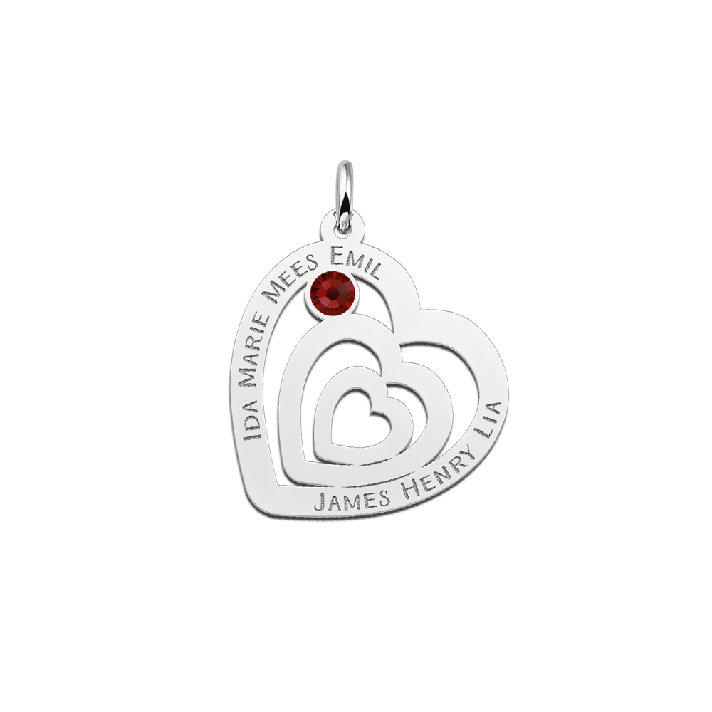 Silver Family necklace in heart shape with birthstone