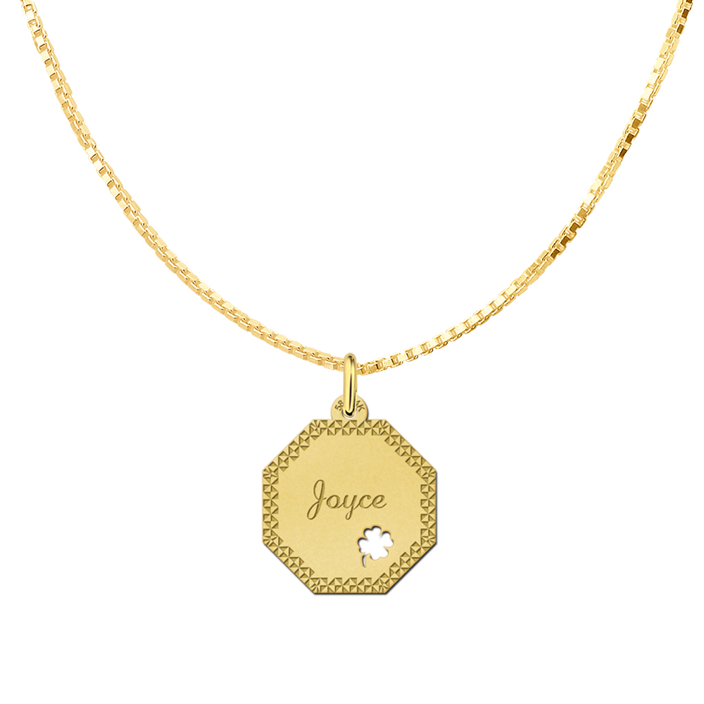 Solid Gold Necklace with Name, Border and Four Leaf Clover
