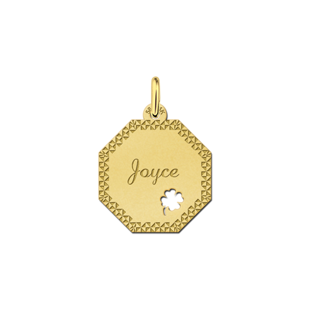 Solid Gold Necklace with Name, Border and Four Leaf Clover