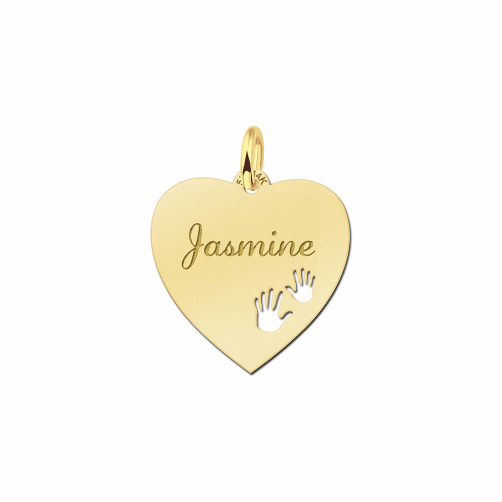 Silver engraved heart nametag hands