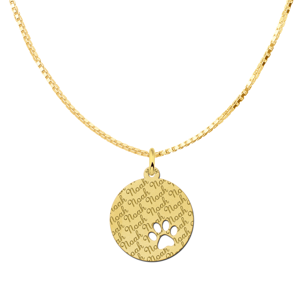 Gold Disc Necklace with Dog Paw, Fully Engraved