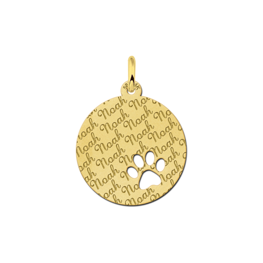 Gold Disc Necklace with Dog Paw, Fully Engraved