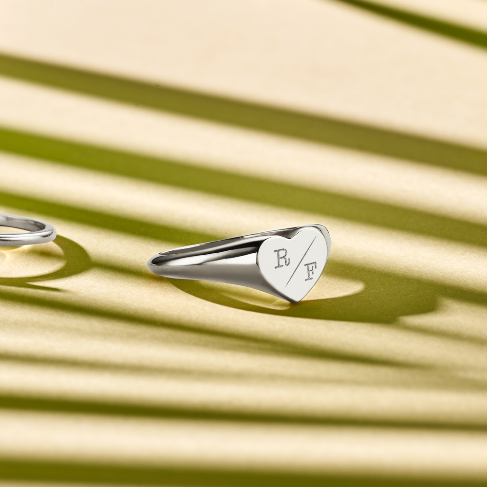 Heart-shaped silver signet ring with two initial