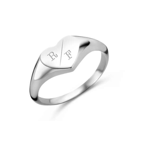 Heart-shaped silver signet ring with two initial