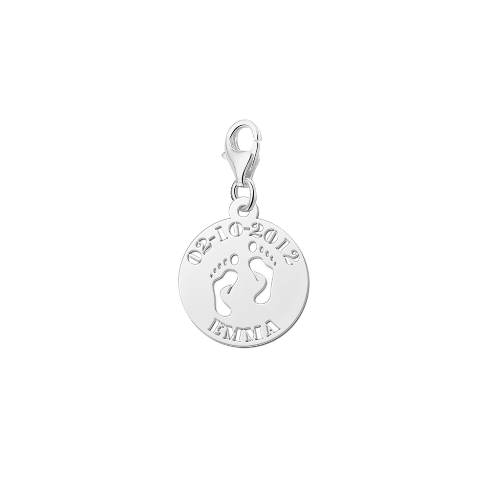 Silver baby charm feet with name and date
