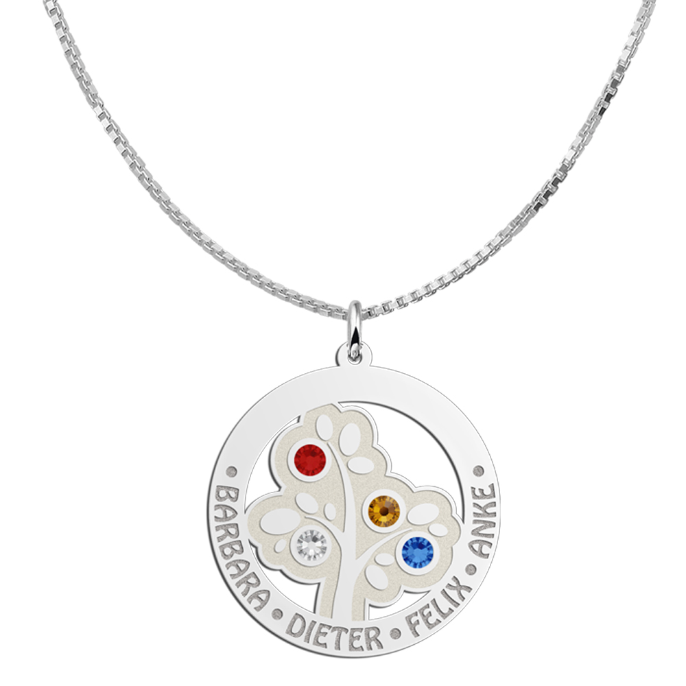 Birthstones in a silver family tree pendant