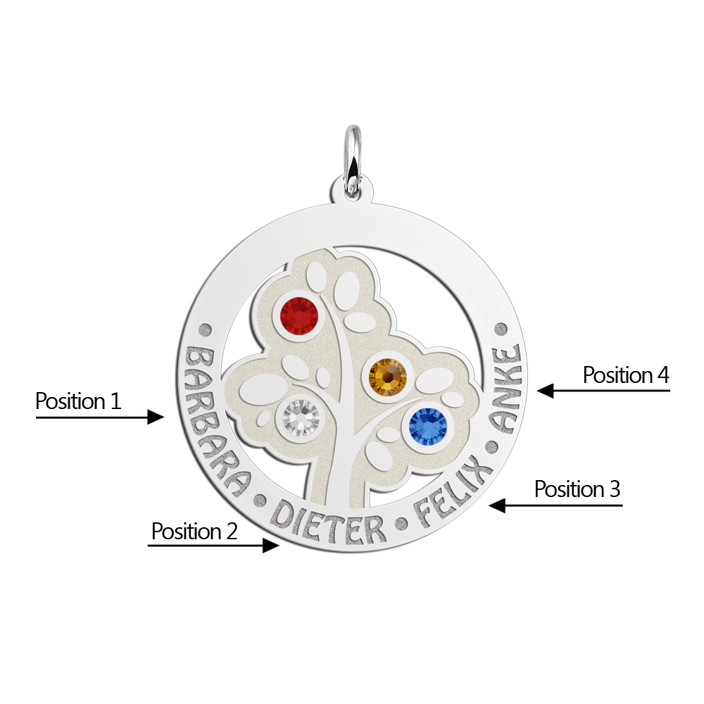 Birthstones in a silver family tree pendant