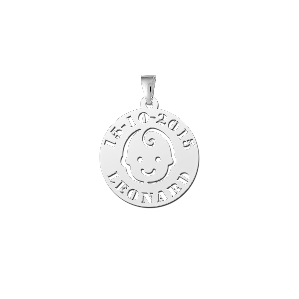 Silver Baby Pendant  - Babyhead with Name and Date