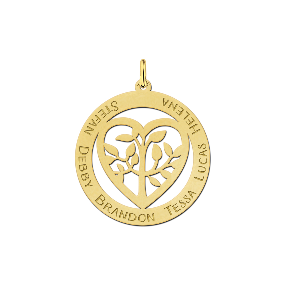 Gold family pendant heart shaped with tree of life