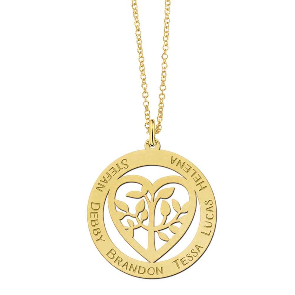 Gold family pendant heart shaped with tree of life