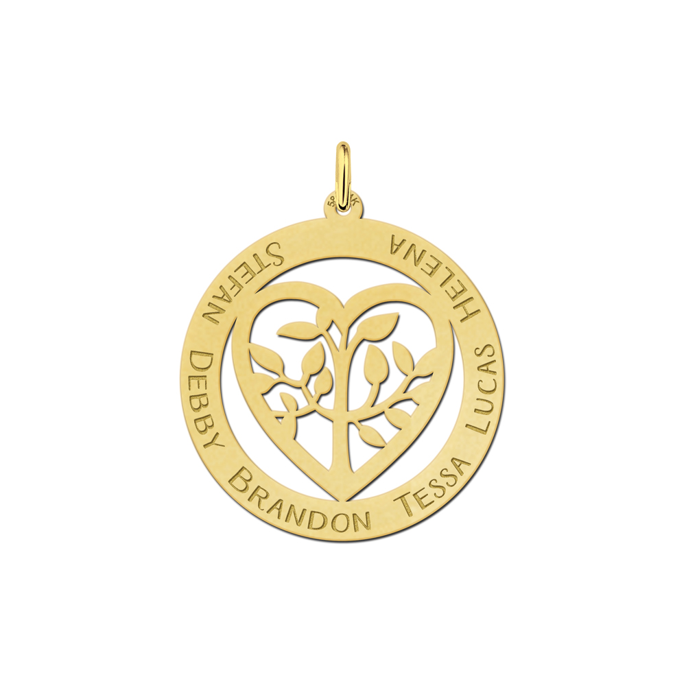Gold family pendant heart shaped with tree of life