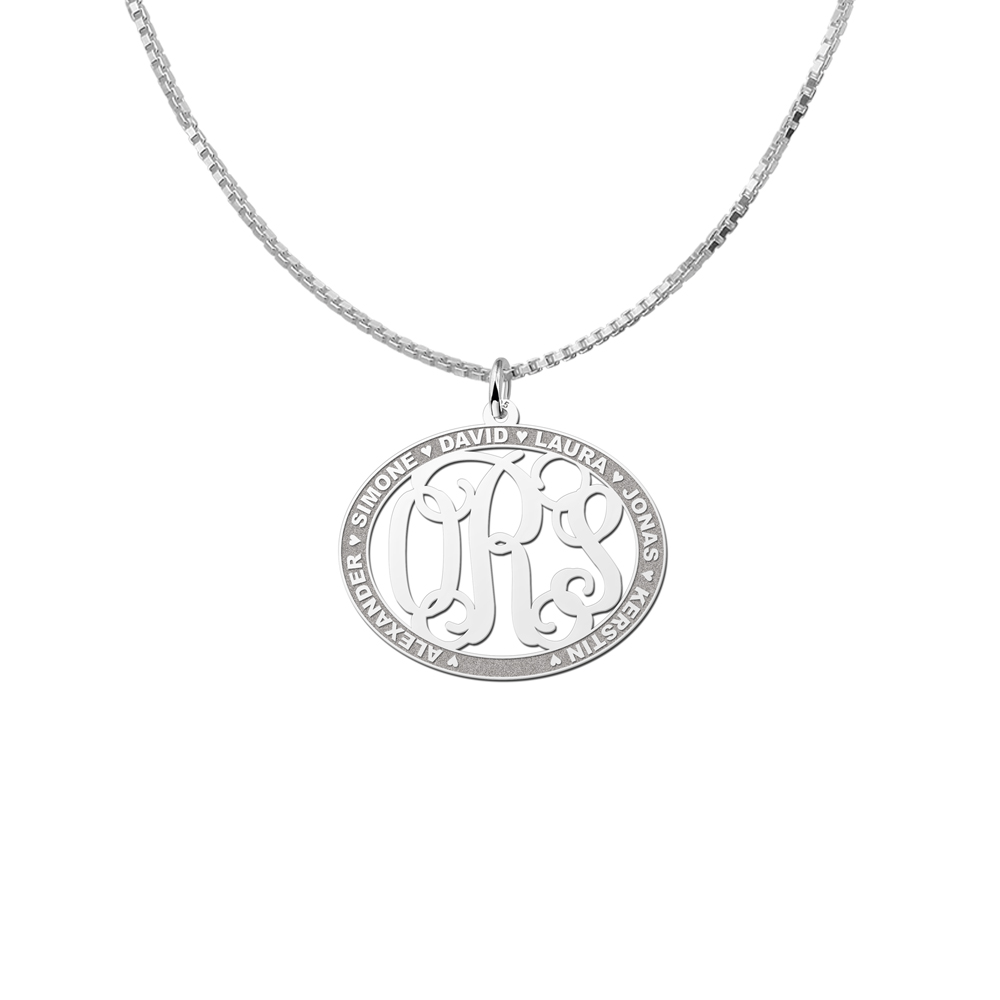 Silver Monogram Pendant with Names, Oval Medium