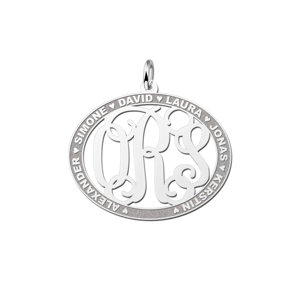 Silver Monogram Pendant with Names, Oval Medium