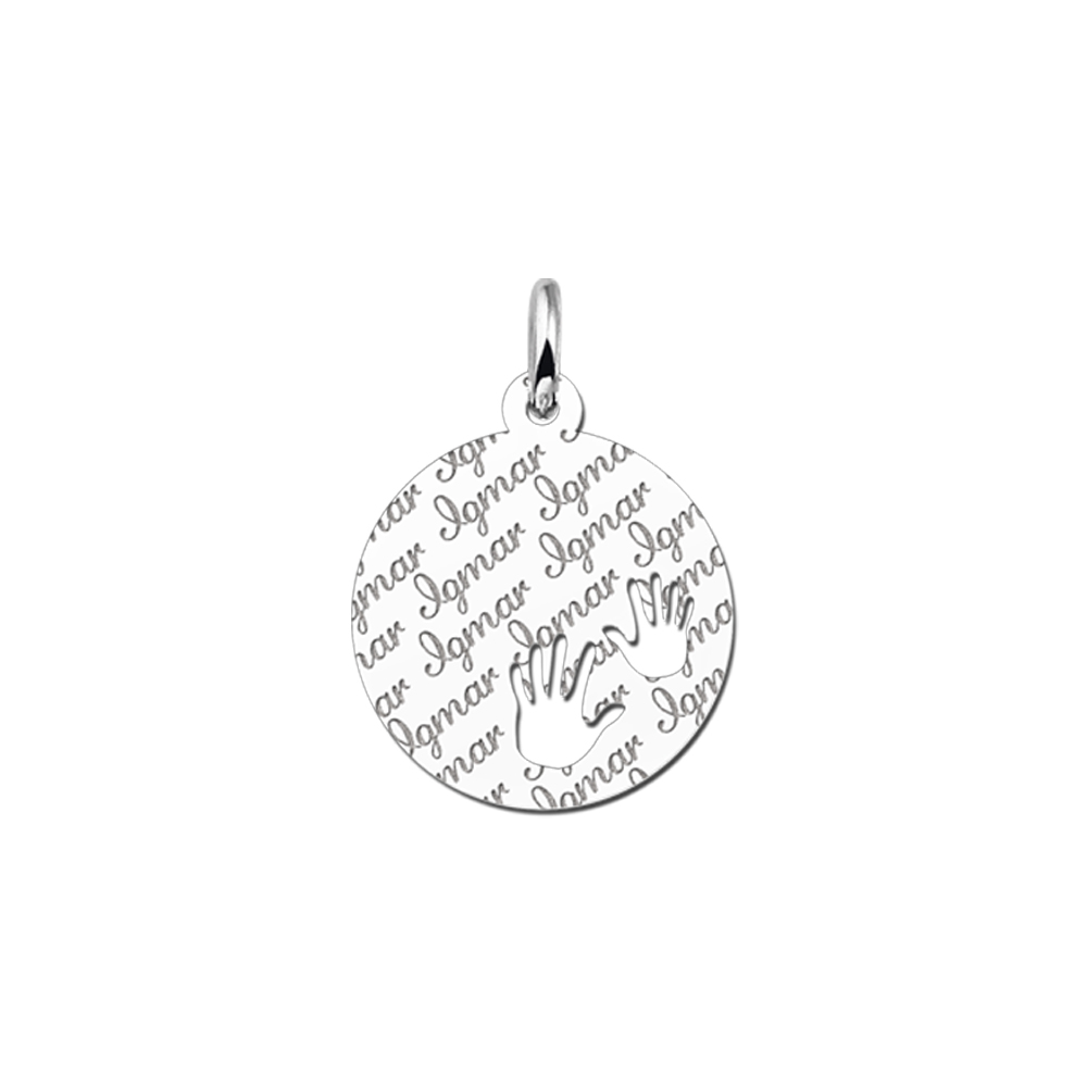 Silver pendant with repeated name and baby hands