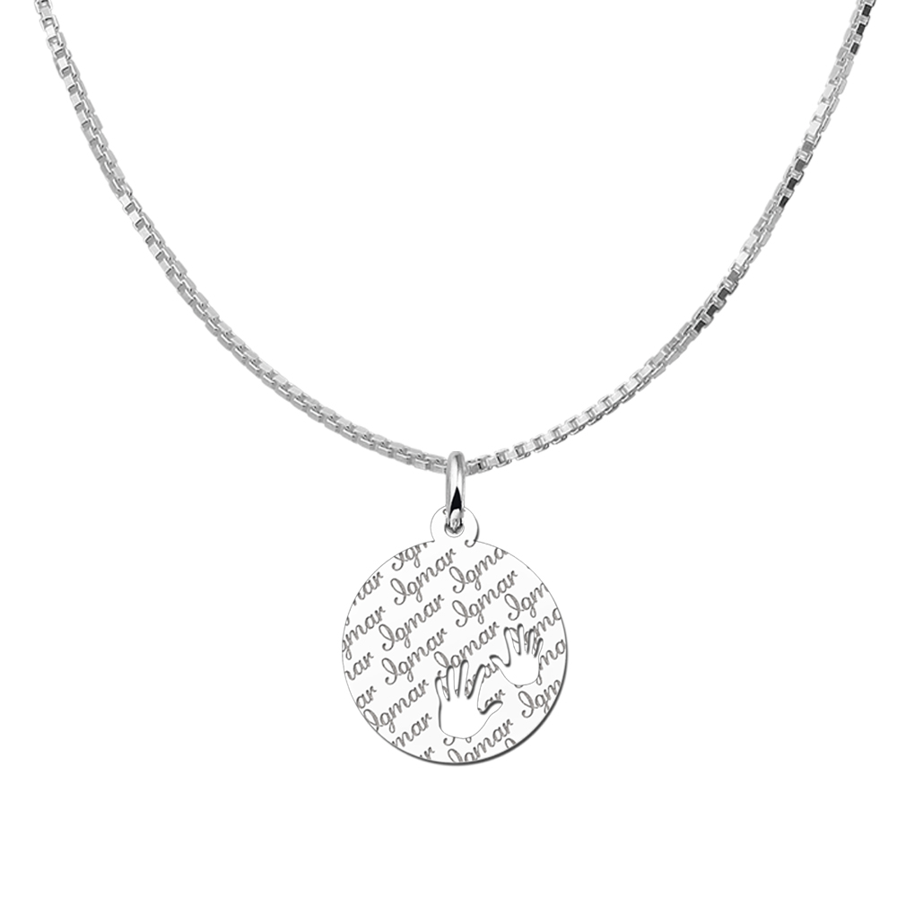 Silver pendant with repeated name and baby hands