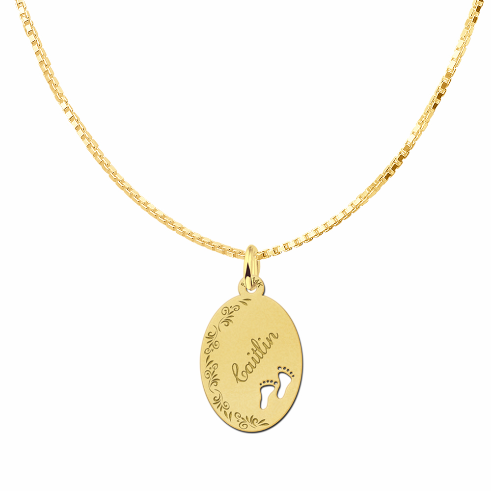 Gold Oval Necklace with Name, Flowers and Feet