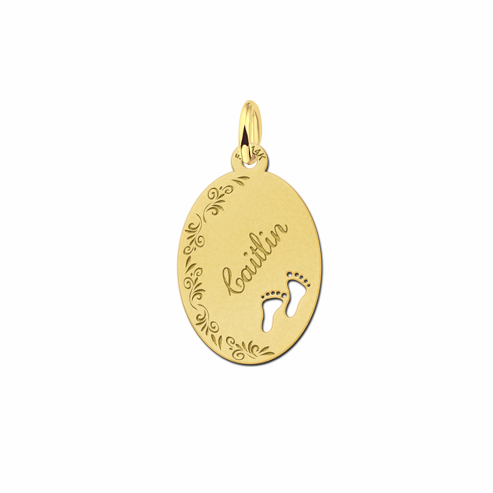 Gold Oval Necklace with Name, Flowers and Feet