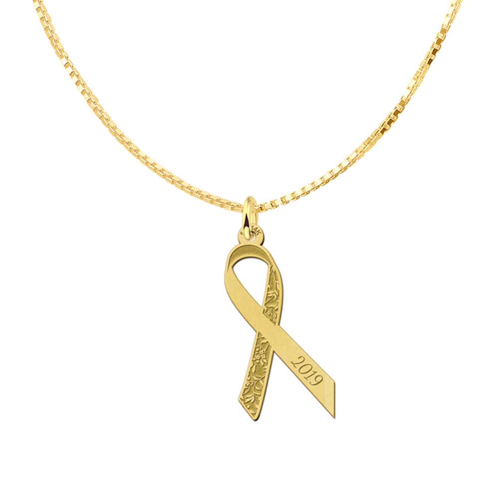 Golden Pink Ribbon pendant with flowers