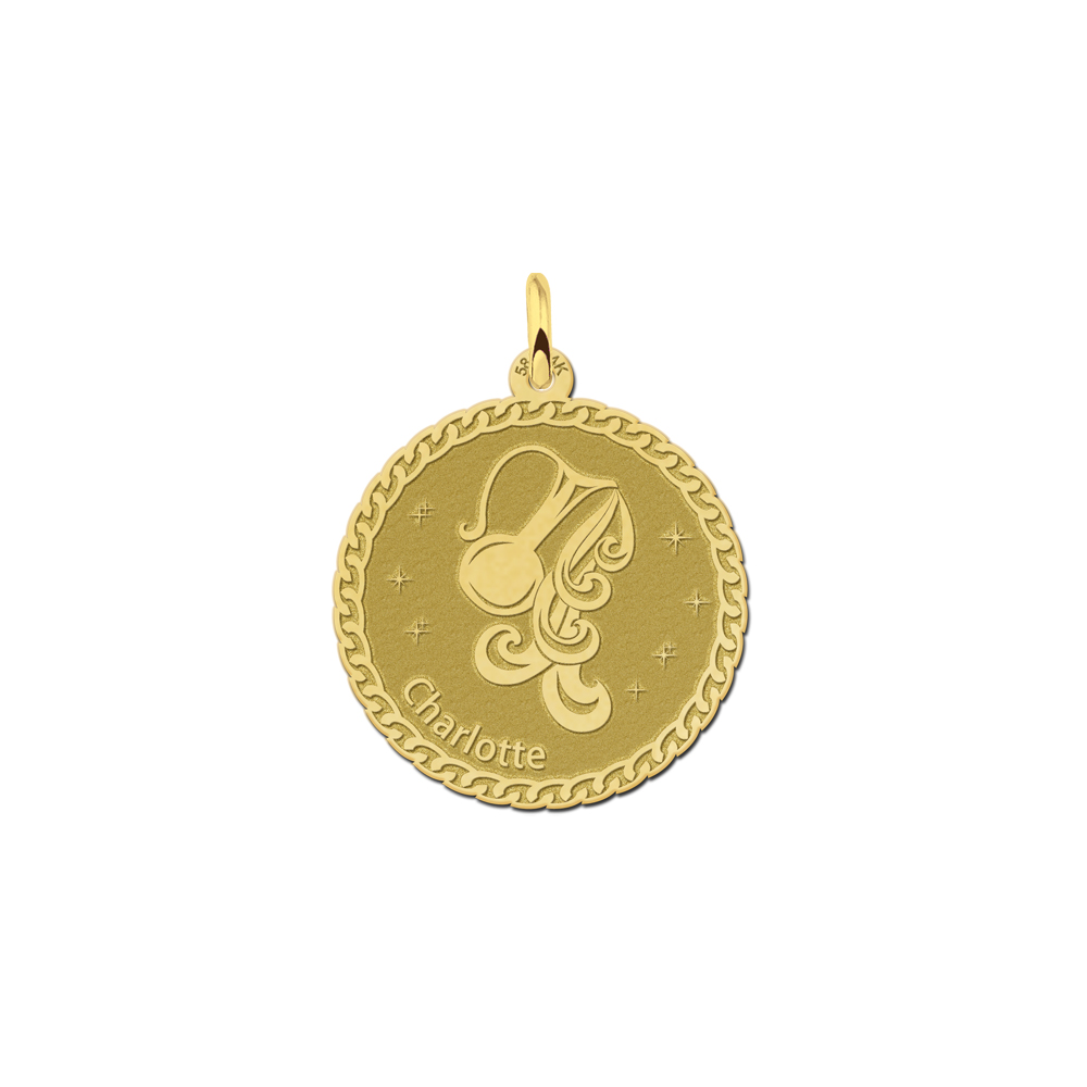 Golden round zodiac pendant Aquarius