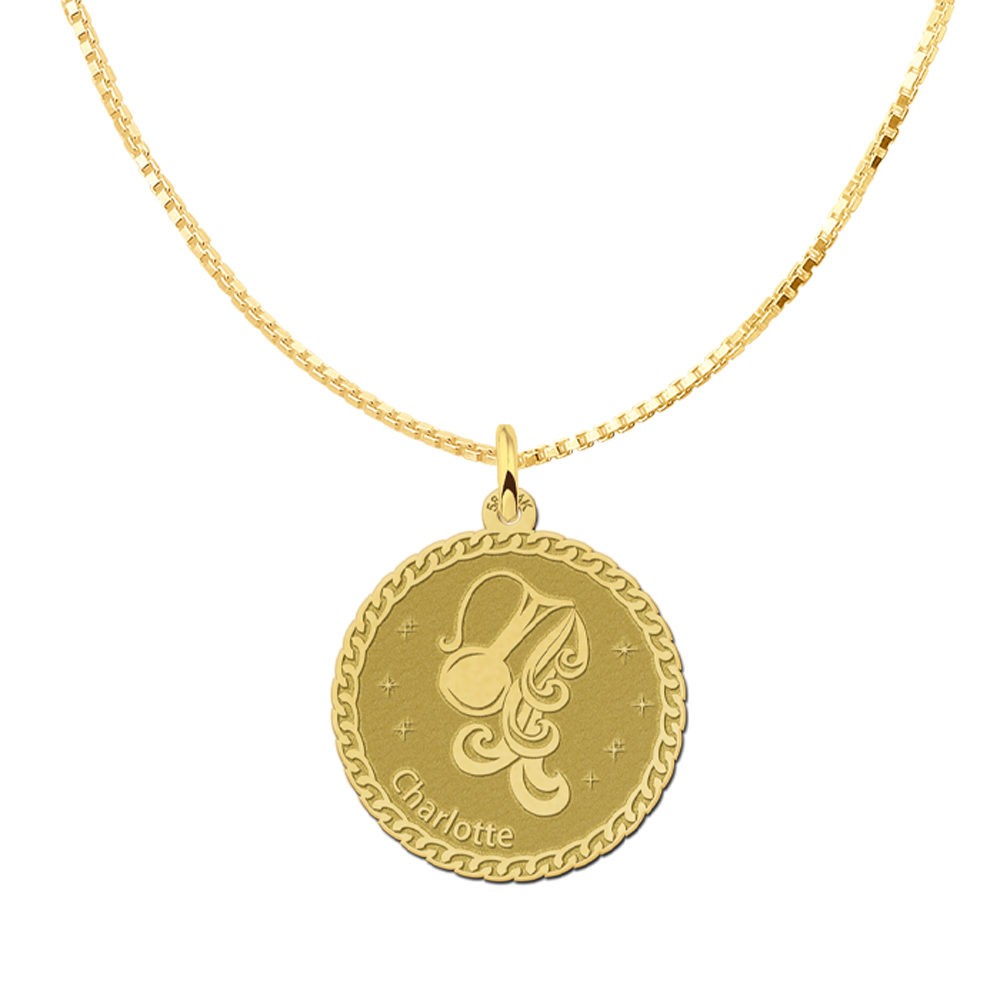 Golden round zodiac pendant Aquarius