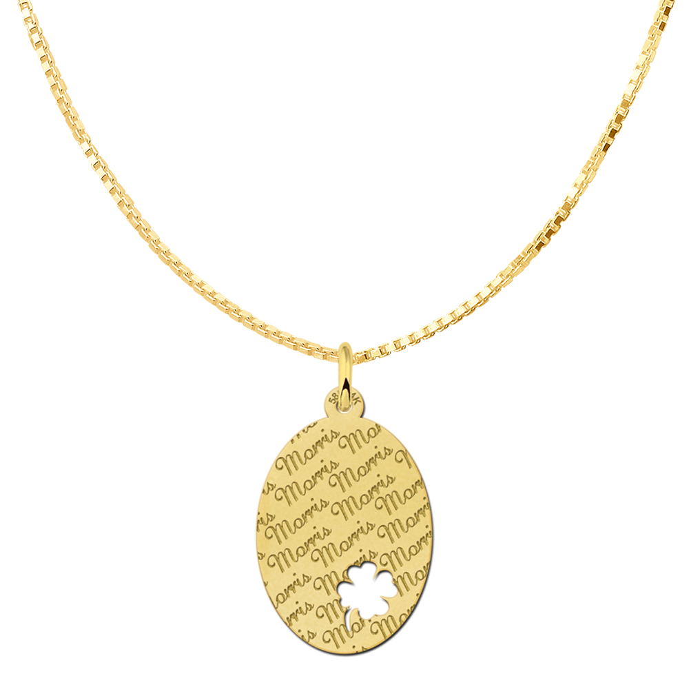 Repeatedly Engraved Golden Oval Necklace with Four Clover large