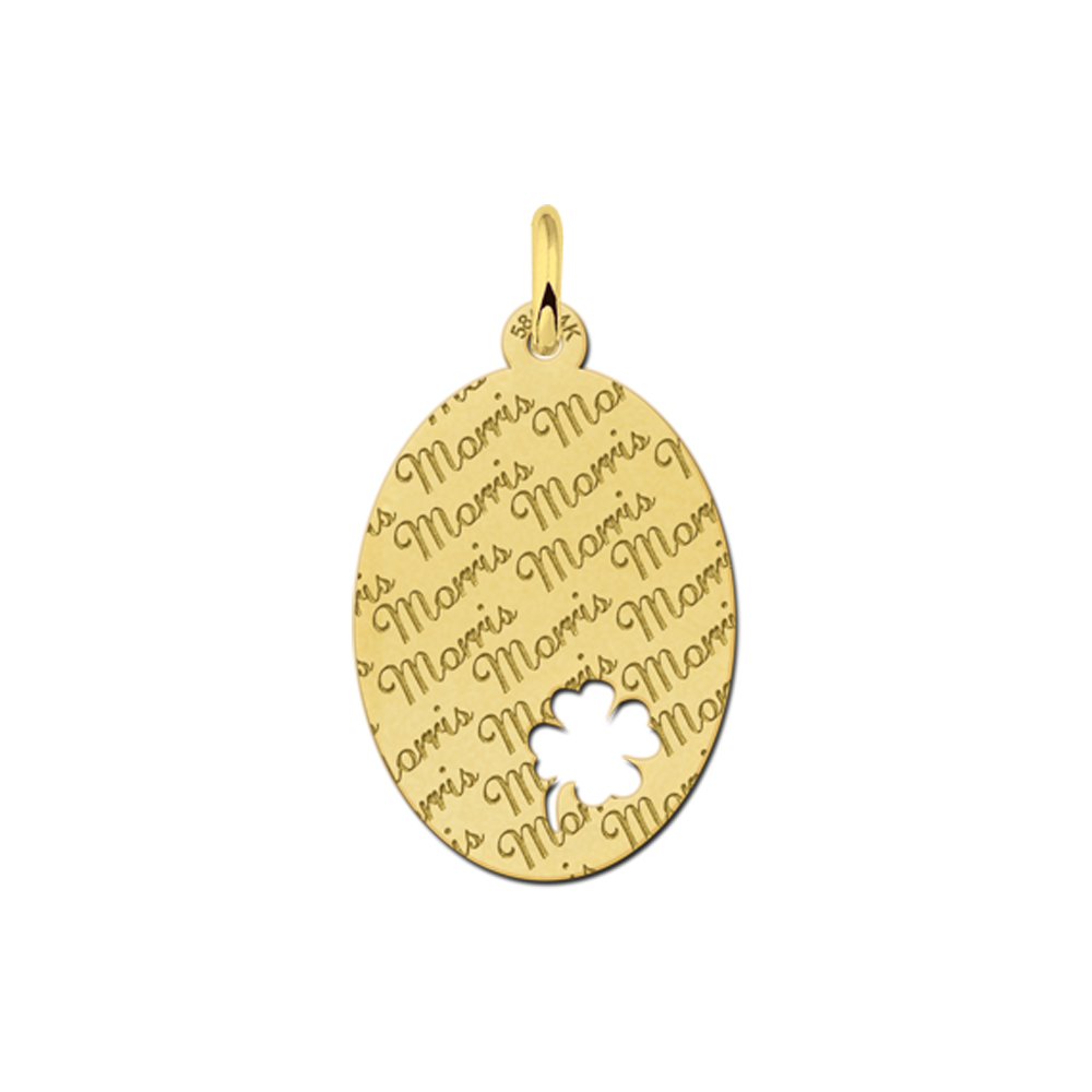 Repeatedly Engraved Golden Oval Necklace with Four Clover large