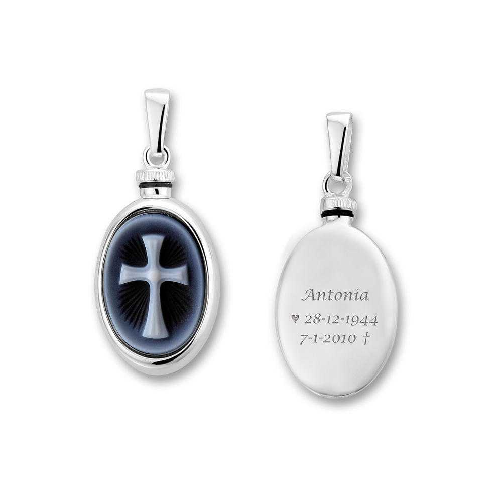 Silver oval ash pendant with blue cameo 'Latin cross'