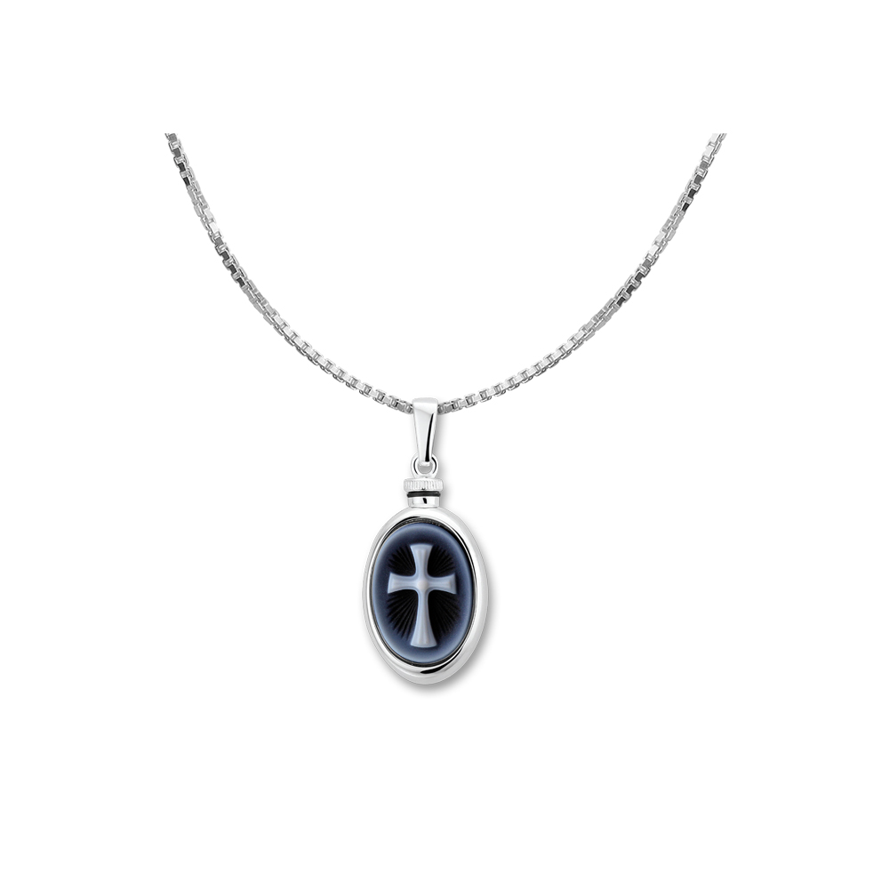 Silver oval ash pendant with blue cameo 'Latin cross'