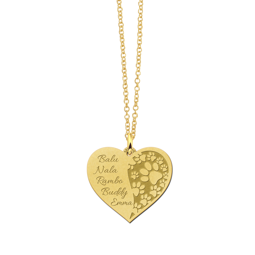 Gold family necklace in heart shape with tree of life and names