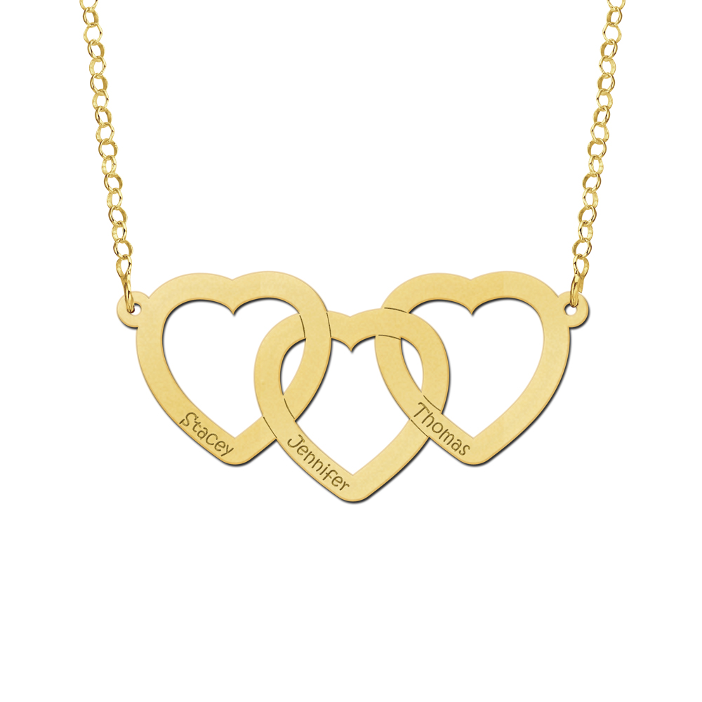 Golden necklace three hearts with name