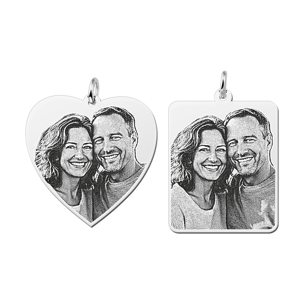 Set of two sterling silver photo pendants – heart & rectangle – featuring your own engraved photo.