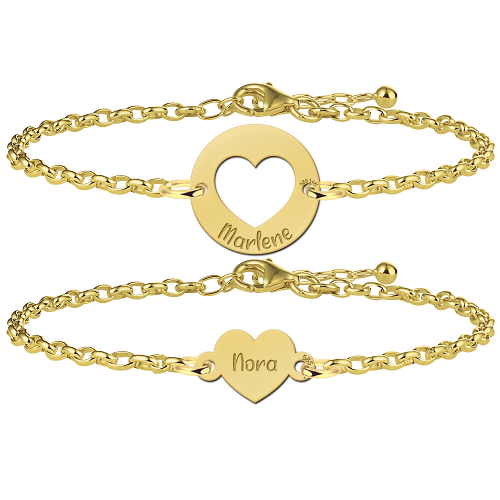 Gold bracelet set with names and hearts