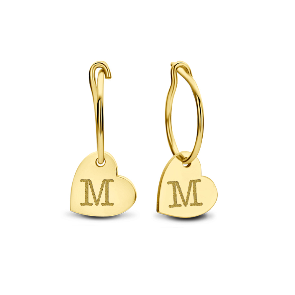 Gold earrings with heart pendant and initials