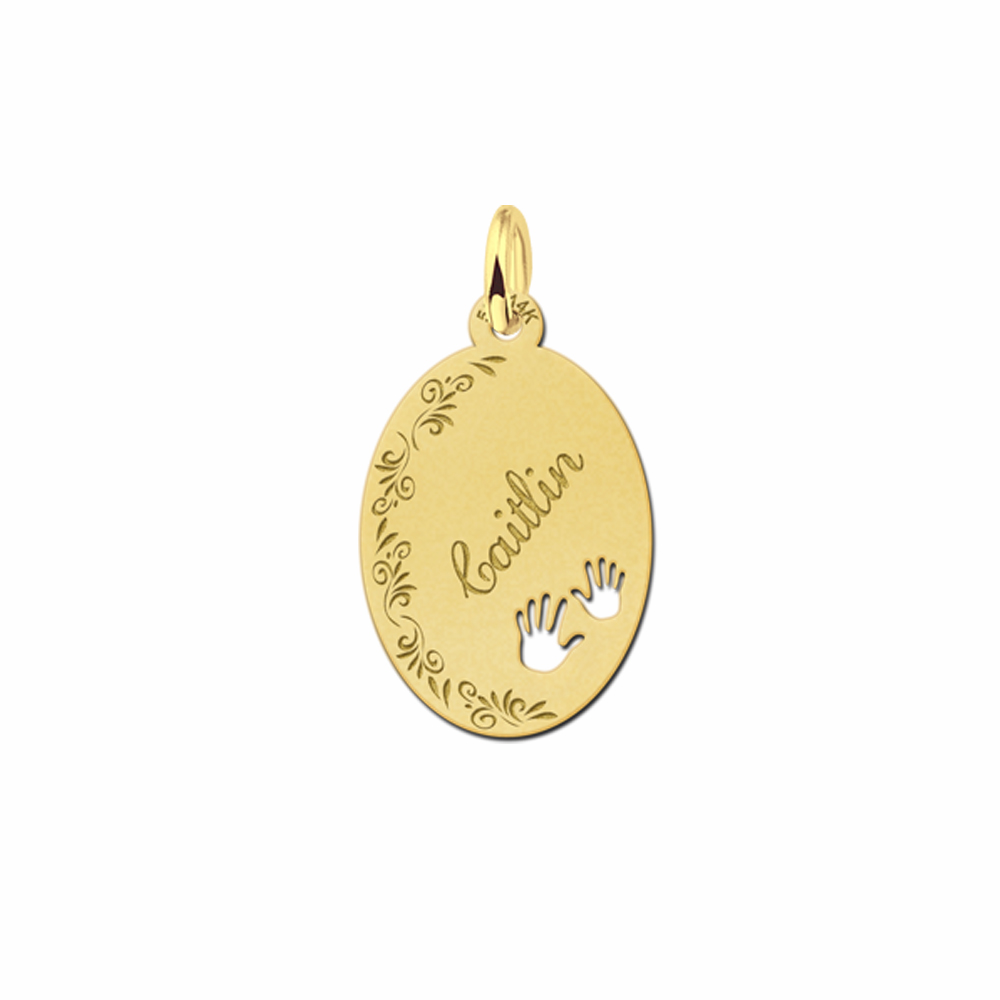 Golden Oval Pendant with Name, Flowers and Hands