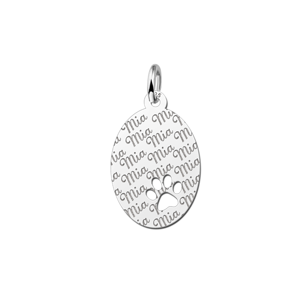 Repeatedly Engraved Silver Oval Pendant with Dog Paw
