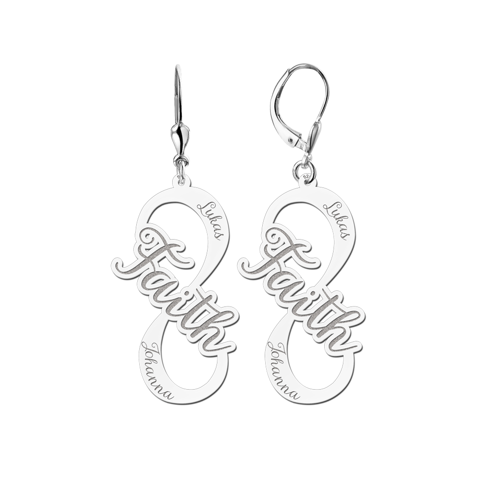Silver infinity name earrings with faith