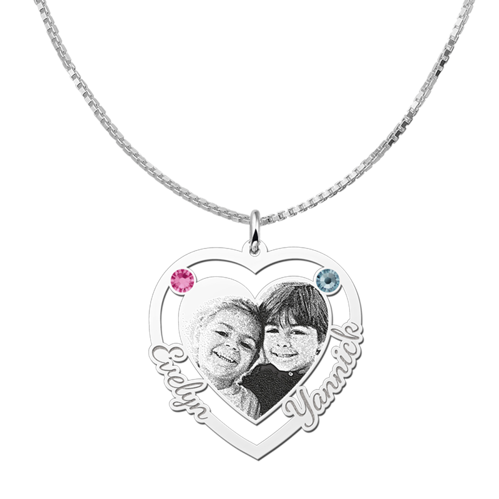 Photo engraving pendant with heart and two birthstones silver