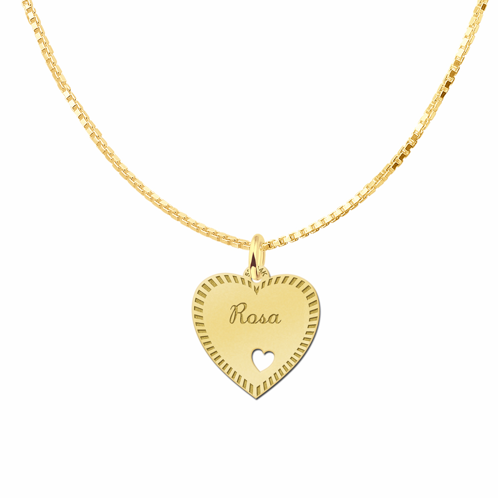 Gold Heart Necklace with Name, Border and Small Heart
