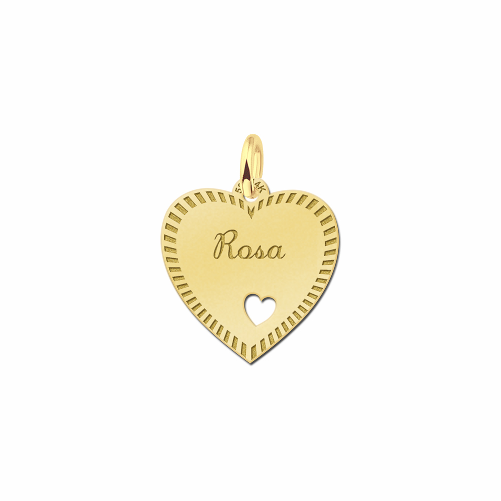 Gold Heart Necklace with Name, Border and Small Heart