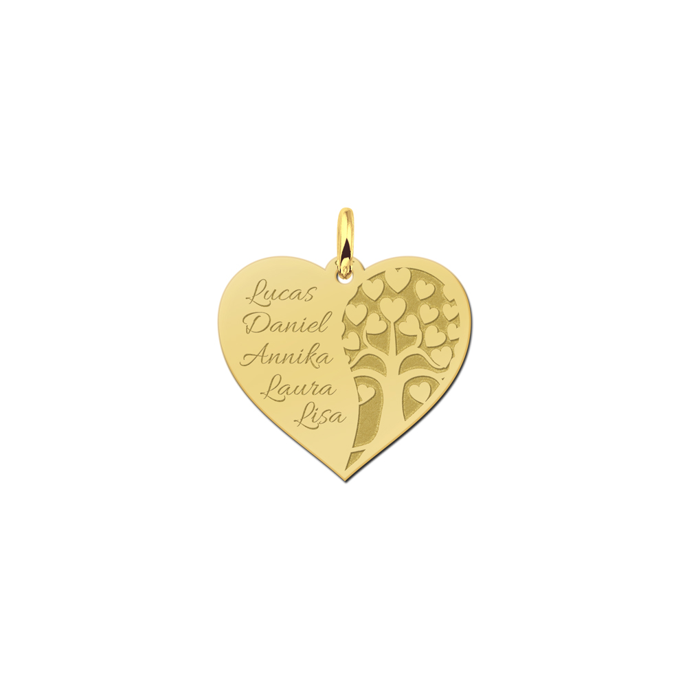 Gold plated family necklace heart shape with tree of life and names